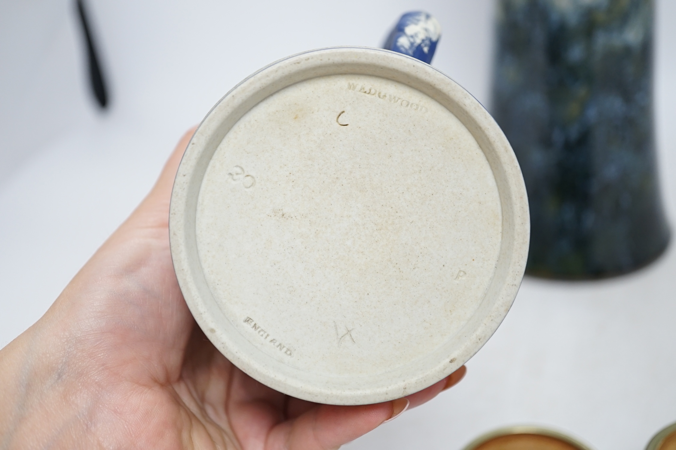 Five ceramic items comprising Doulton vase, two miniature Doulton pots, a Wedgwood jug and a blue and white jar, largest 33cm. Condition - two pots poor, others good